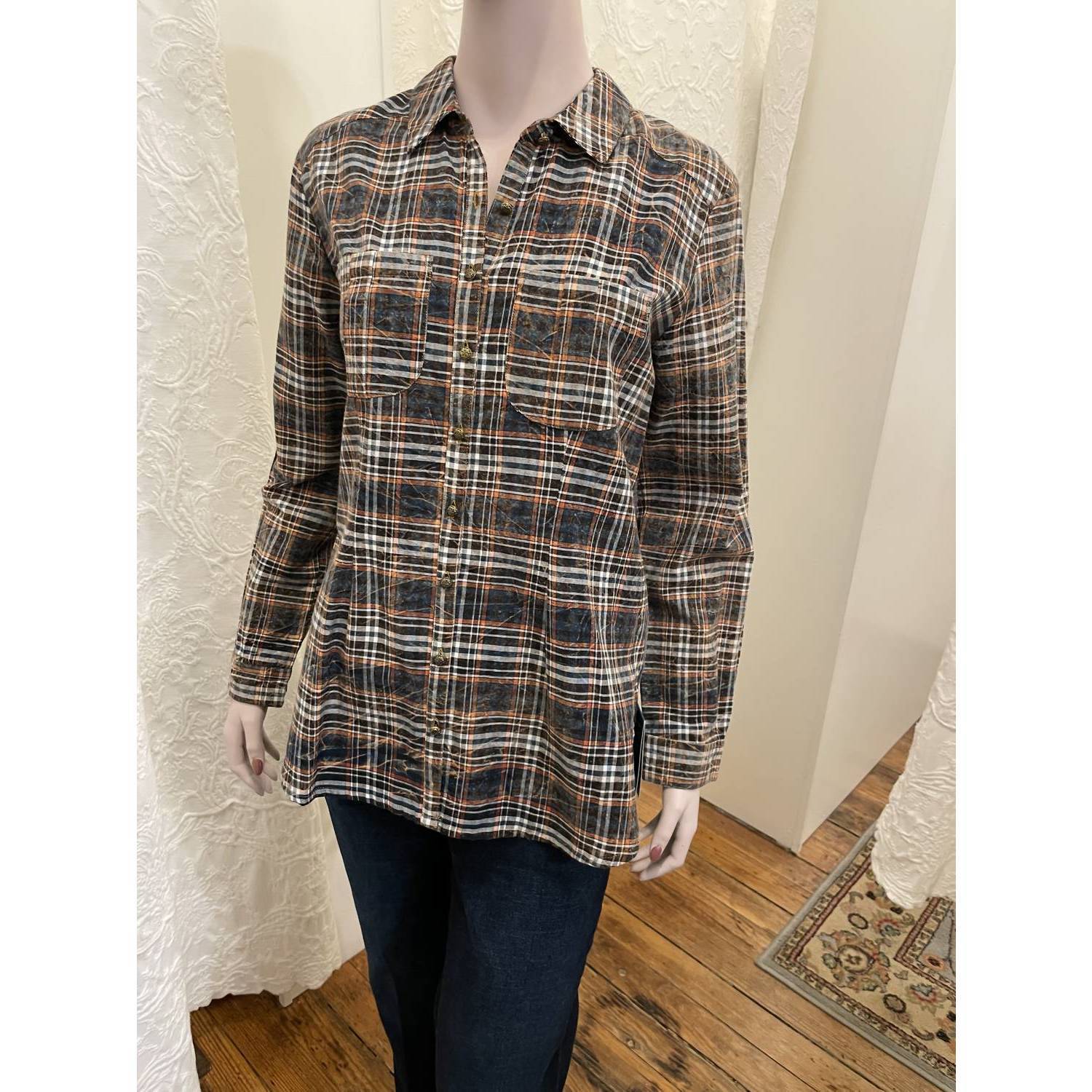 New Aratta Button Up Blouse In Brown, Orange, Blue, White